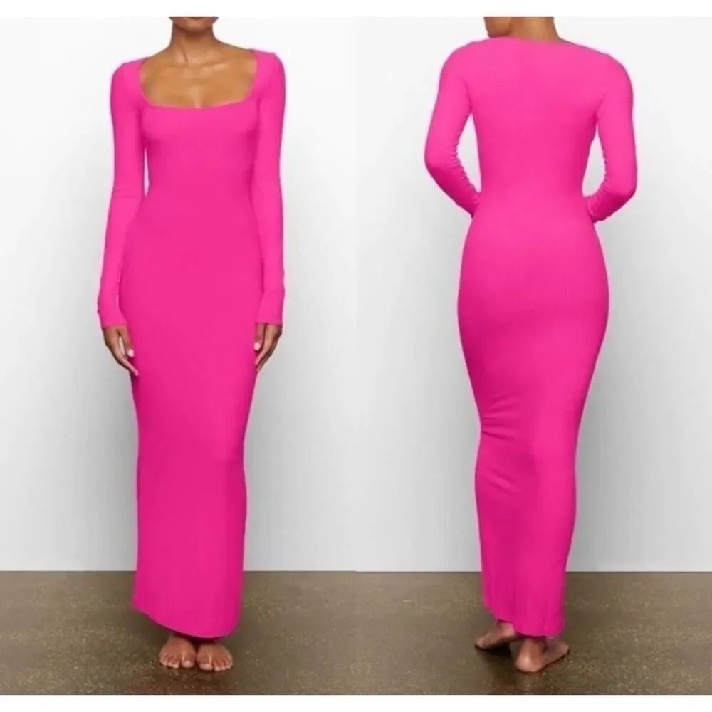 NWT SKIMS Soft Lounge Ribbed Maxi Dress Hot Pink Square Neck Long Sleeve 2XL